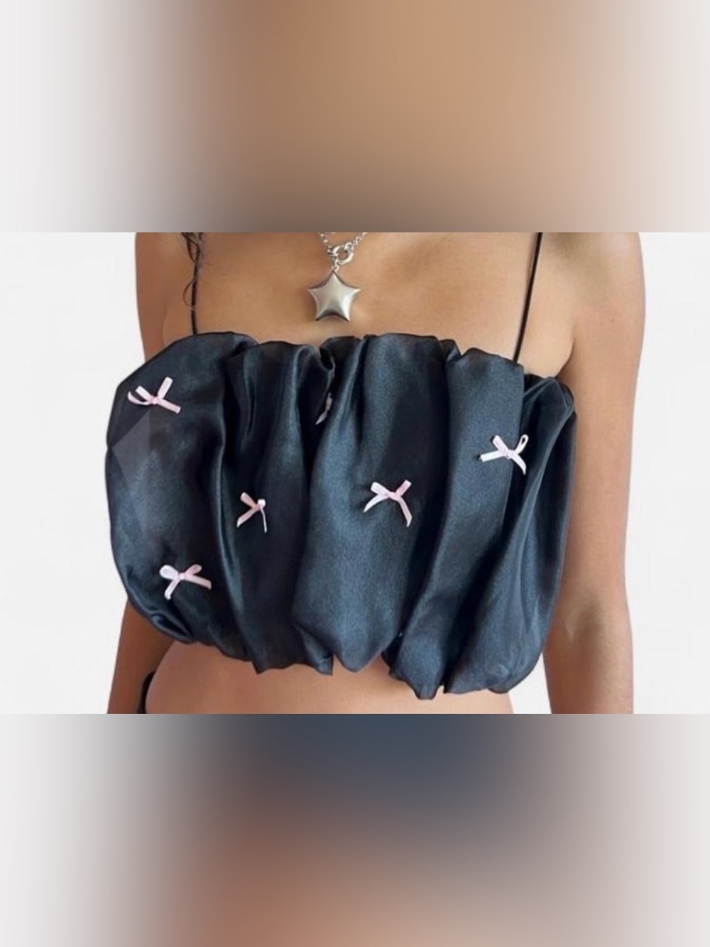 Lisa Says Gah Black Satin Cropped Top with Pale Pink Stitching - Picture 2 of 7
